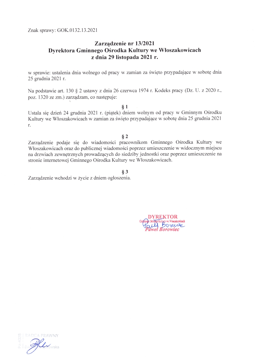 Zarządzenie nr 13/2021 Dyrektora Gminnego Ośrodka Kultury we Włoszakowicach z dnia 29 listopada 2021 r.