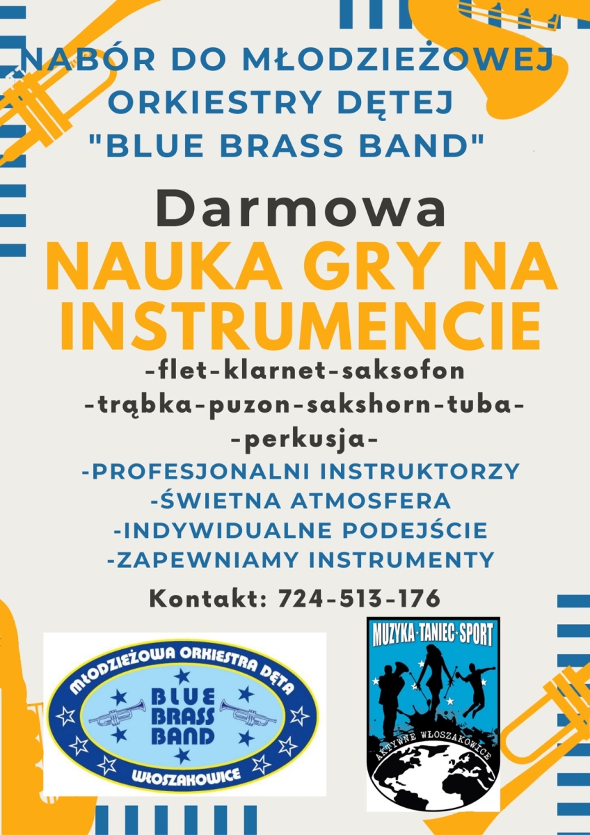 Plakat promujący nabór do Młodzieżowej Orkiestry Dętej „Blue Brass Band”