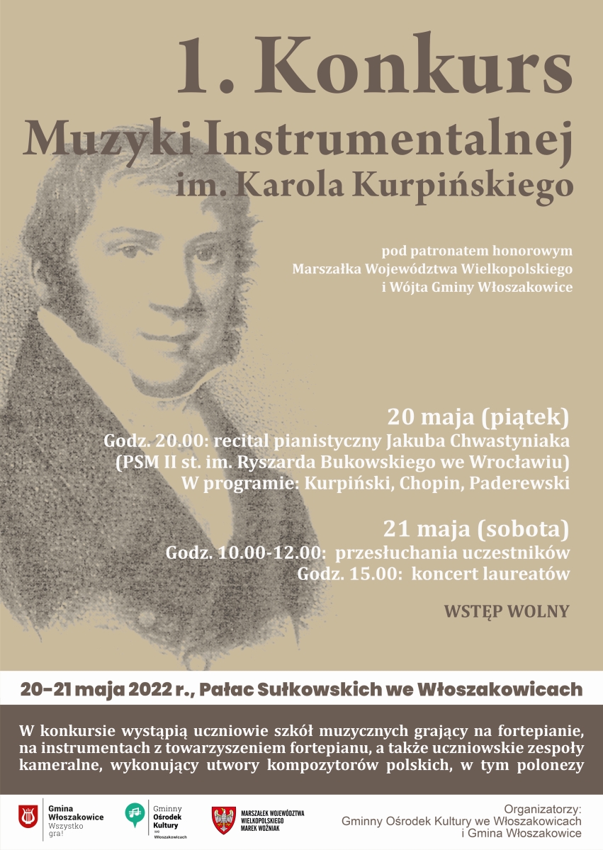 Plakat promujący 1. Konkurs Muzyki Instrumentalnej im. Karola Kurpińskiego