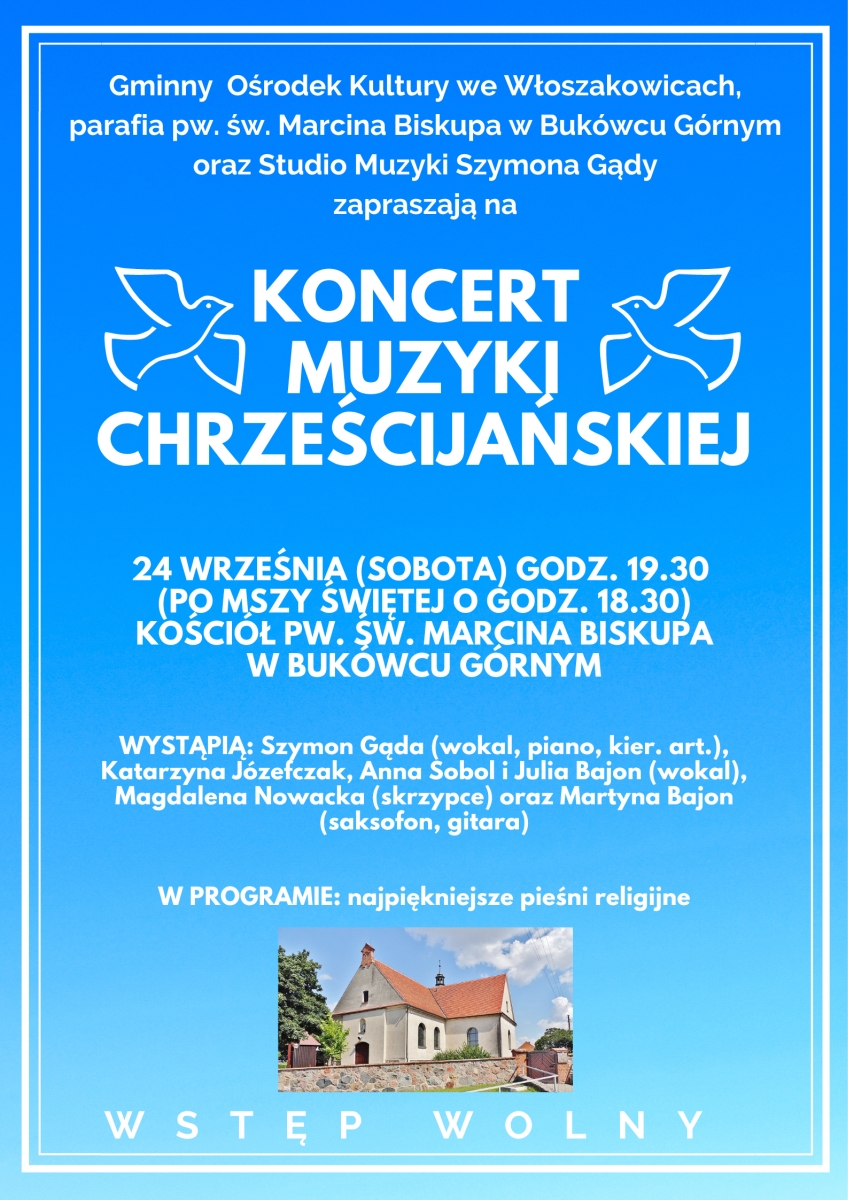 Plakat promujący koncert muzyki chrześcijańskiej w Bukówcu Górnym