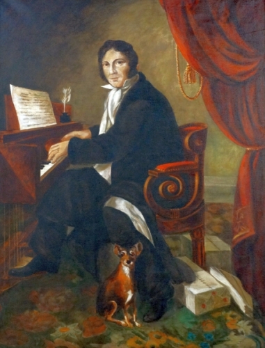 Karol Kurpiński na portrecie pędzla Aleksandra Molinariego, ok. 1823 r. U stóp kompozytora piesek Gacuś (Muzeum Narodowe w Warszawie). Kopia obrazu znajduje się w Sali Trójkątnej Pałacu Sułkowskich we Włoszakowicach